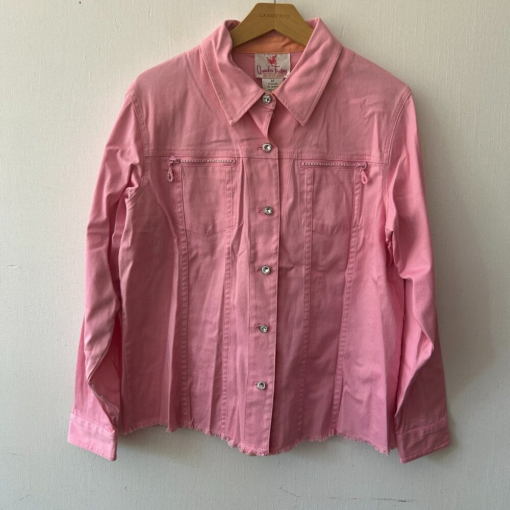 Quacker Factory Button Front Blouse Medium Pink Collared VTG Rhinestones Western